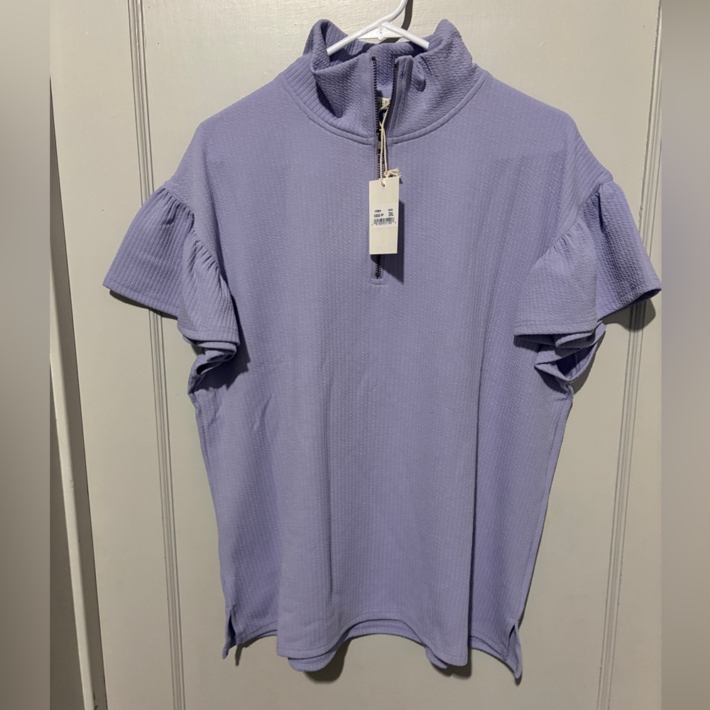 Grace and Emma Quarter Zip Ruffle Sleeve Women's Top
